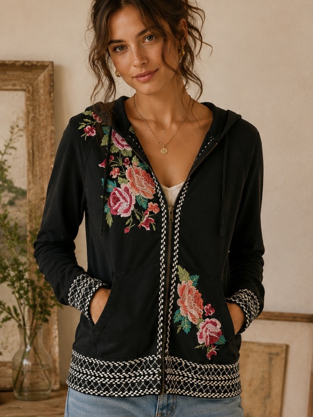 Johnny Was Black Zip Hoodie with Multicolor Floral Embroidery